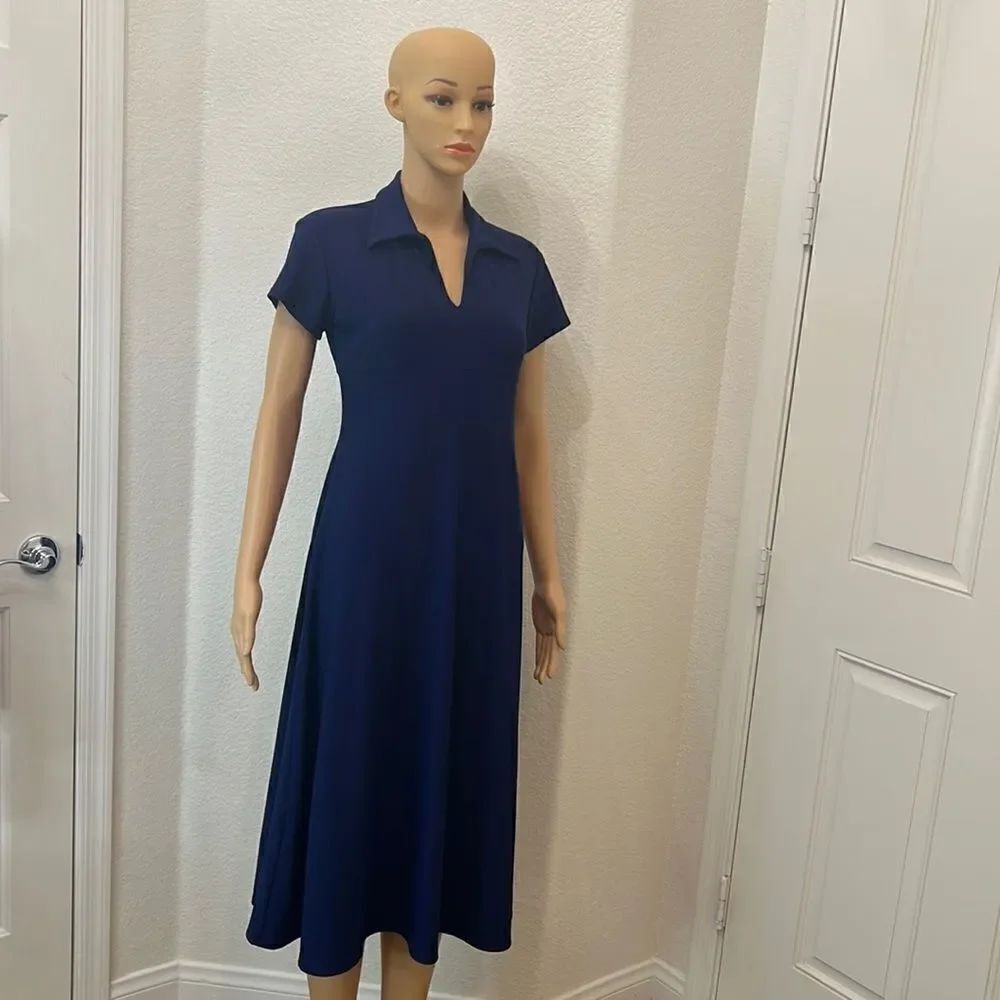 Express Dress Size Small Notch Collar Short Sleeve Midi Navy Royal Blue Flare